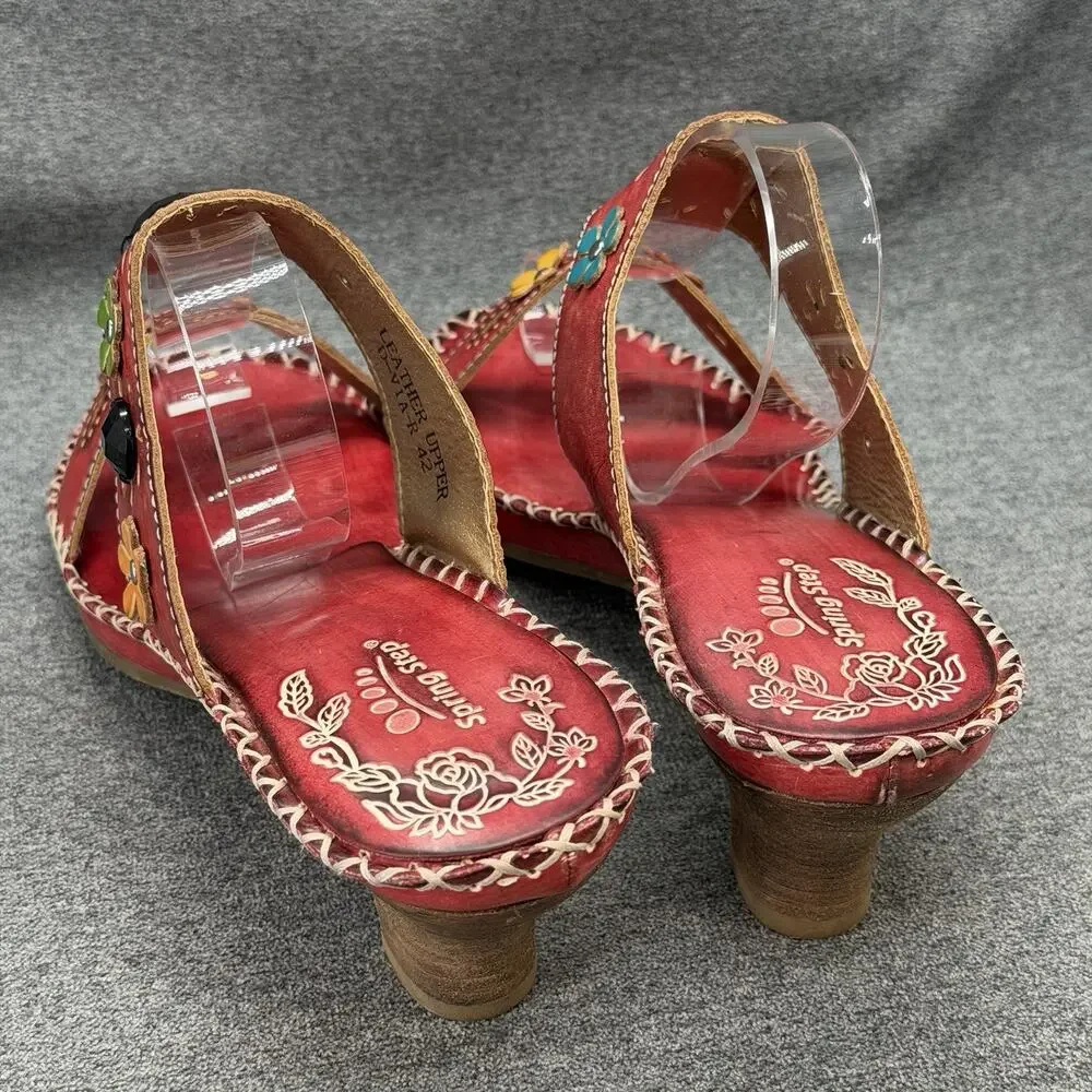 Spring Step Red Leather Floral Wedge Sandals Size 42 Beaded Applique D-Via-R